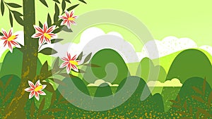 Mountain landscape. Blooming tree on the tops of highlands